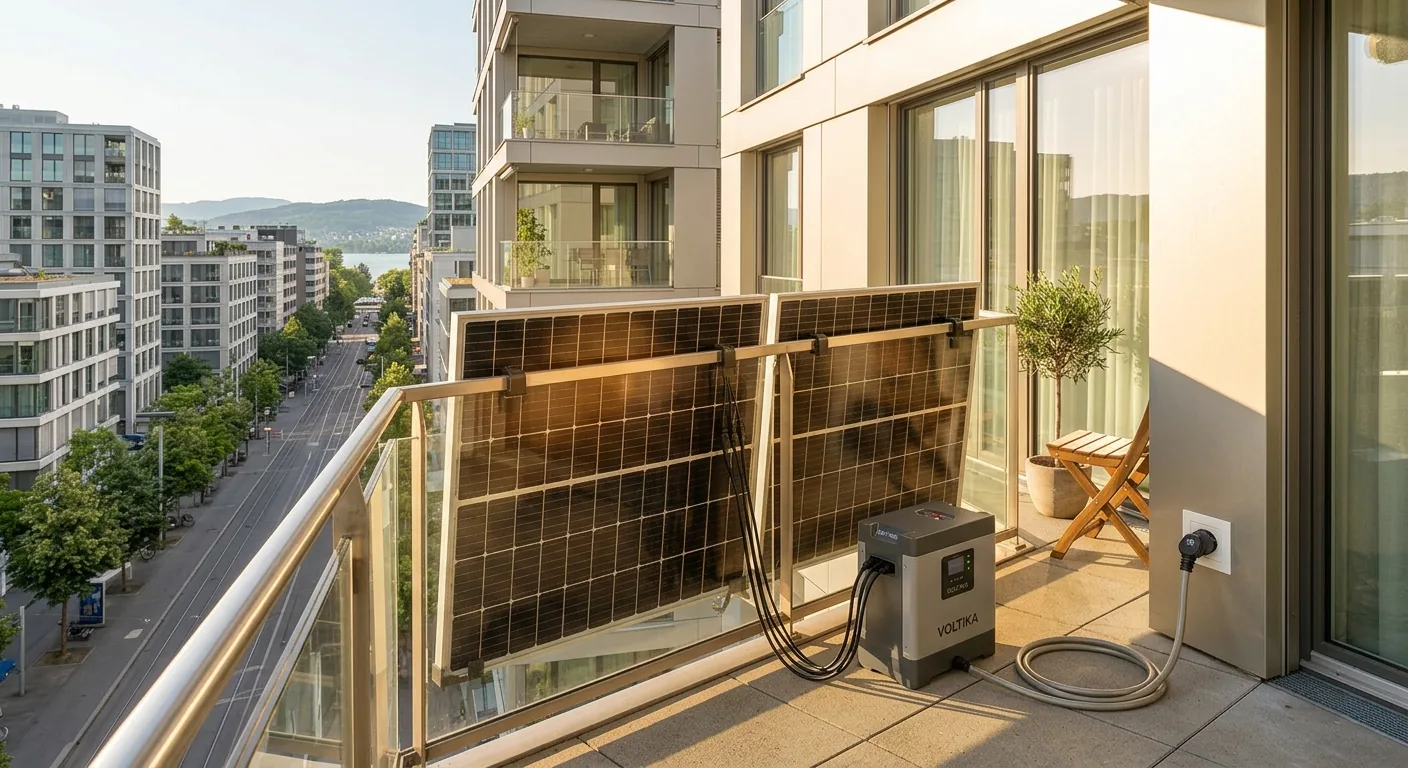Panneaux solaires fixés à la rambarde d’un balcon, reliés à une batterie posée au sol