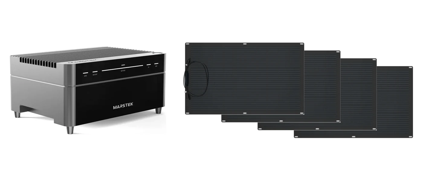 Balkon-Set 600 W: Eine Venus A mit 2,12 kWh und vier flexible Module zu 220 W, zusammen 880 Wp.